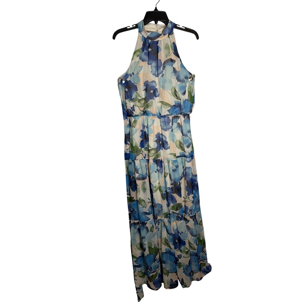Julia Jordan Blue Floral Halter Tiered Maxi Dress Size 4 New
